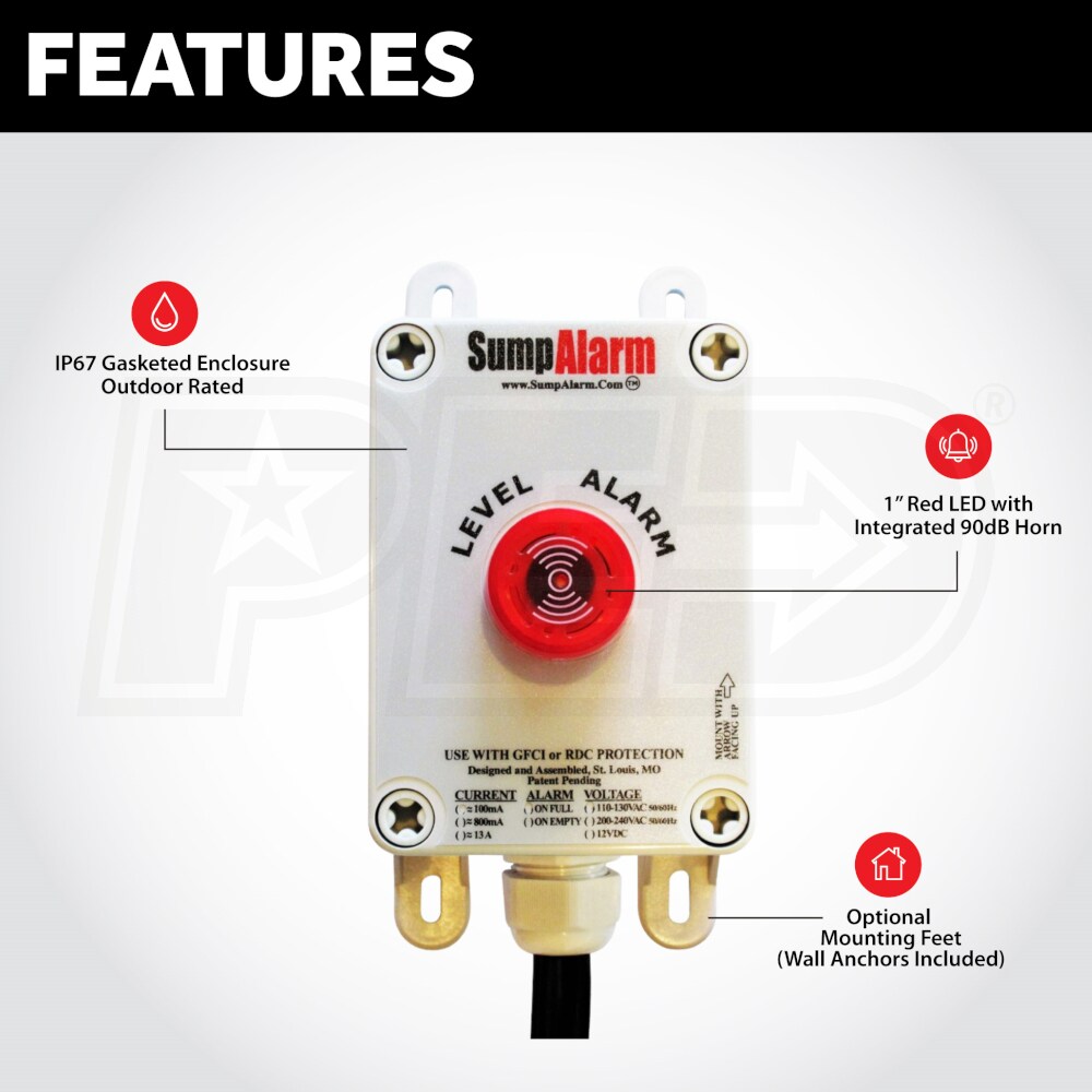 Sump Alarm Indoor / Outdoor Sump Pump High Water Alarm (120V) w/ 10